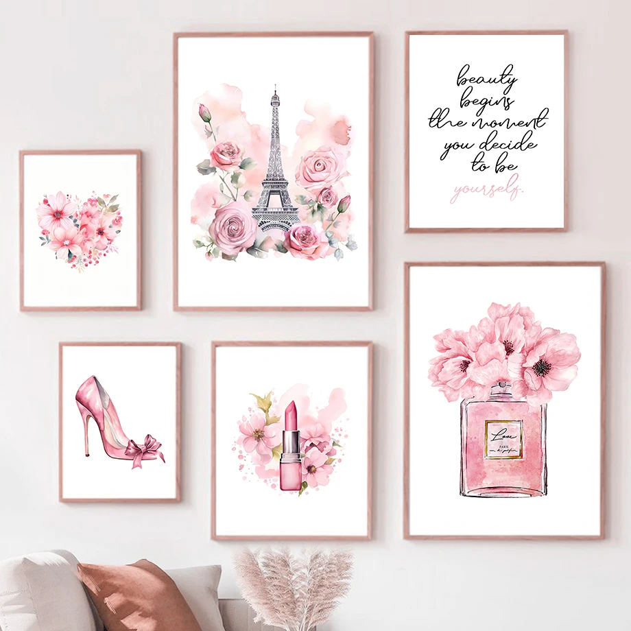 Perfume Fragrance House - ปารีสแฟชั่นโปสเตอร์ศิลปะสีชมพู EIFFEL Tower ขวดน้ําหอม Wall Art